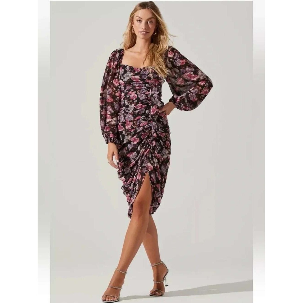 ASTR the Label Athens ruched‎ floral midi Dress Womens L Pink Purple Long Sleeve